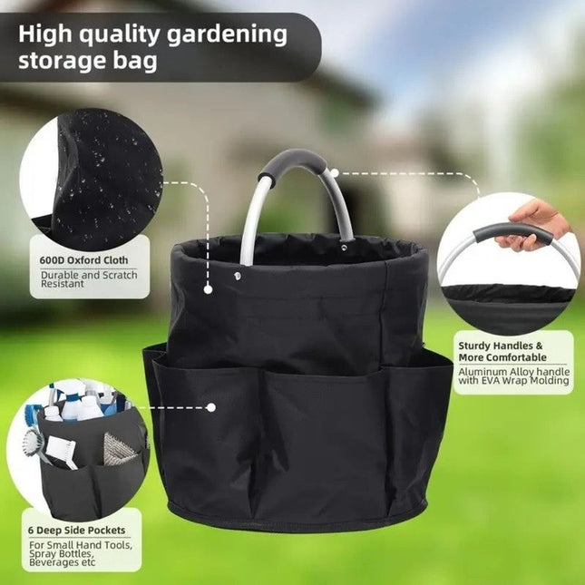 Foldable Handheld Storage Bucket with 6 Pockets, Oxford Garden Tool & Picnic Organizer Tote—Green