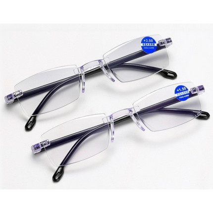Rimless Diamond-Cut Anti-Blue-Light Reading Glasses +1.00 Diopter, Unisex, 2-Pack (Same Prescription) with 2 Clear Plastic Cases