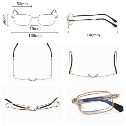 +3.00 Diopter Metal Portable Foldable Anti-Blue Light Reading Glasses, Lightweight Compact Readers for Seniors—Gold