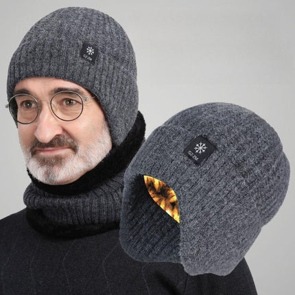 Men's Fleece-Lined Ear Protection Knit Beanie, Warm Thick Winter Hat for Dad or Grandpa - Navy Blue