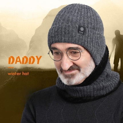 Men's Fleece-Lined Ear Protection Knit Beanie, Warm Thick Winter Hat for Dad or Grandpa—Gray