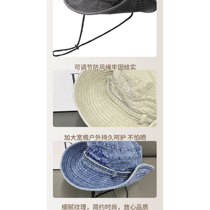Vintage Washed Embroidered Bucket Hat, Wide-Brim Sun Hat with Drawstring for Hiking and Outdoor Activities - Blue