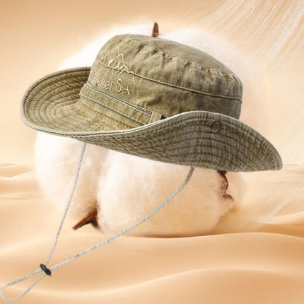 Vintage Washed Embroidered Bucket Hat, Wide-Brimmed Sun Hat with Drawstring for Hiking and Outdoor Activities—Green