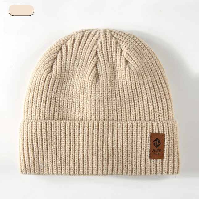Double Fleece-Lined Vertical Stripe Knit Beanie, Unisex Thick Warm Winter Outdoor Cold-Proof Wool Hat—Beige