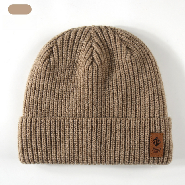 Double Fleece-Lined Vertical Stripe Knit Beanie, Unisex Thick Warm Winter Outdoor Cold-Proof Wool Hat - Khaki
