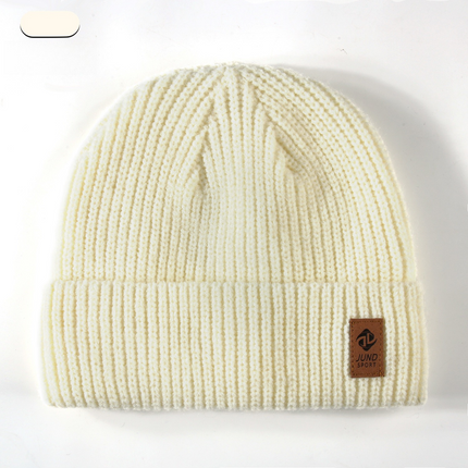 Double Fleece-Lined Vertical Stripe Knit Beanie, Unisex Thick Warm Winter Outdoor Cold-Proof Wool Hat - White