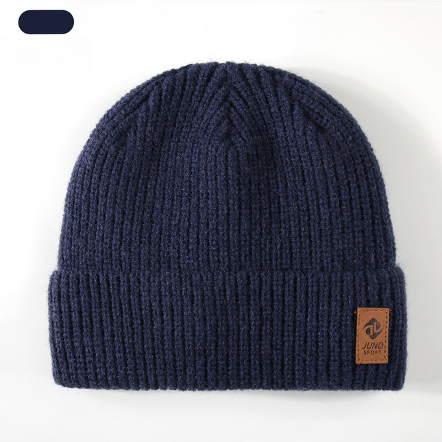 Double Fleece-Lined Vertical Stripe Knit Beanie, Unisex Thick Warm Winter Outdoor Cold-Proof Wool Hat - Navy Blue