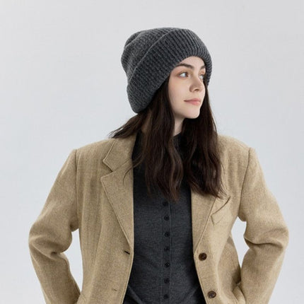 Solid Color Knit Beanie, Unisex Minimal Cuffed Warm Winter Hat with Slim Face Design—Apricot