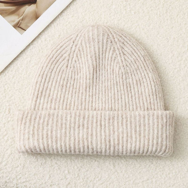Solid Color Knit Beanie, Unisex Minimal Cuffed Warm Winter Hat with Slim Face Design - Beige