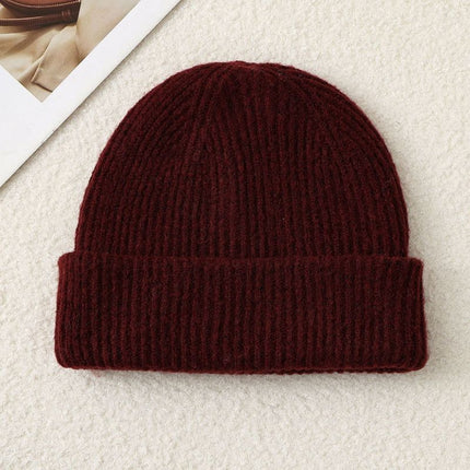 Solid Color Knit Beanie, Unisex Minimal Cuffed Warm Winter Hat with Slim Face Design—Red