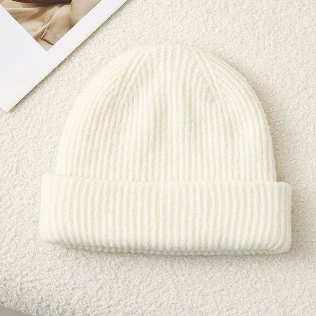 Solid Color Knit Beanie, Unisex Minimal Cuffed Warm Winter Hat with Slim Face Design—White