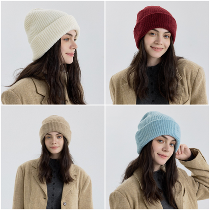 Solid Color Knit Beanie, Unisex Minimal Cuffed Warm Winter Hat with Slim Face Design—White