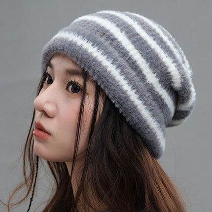 Vintage Stripe Fluffy Knit Beanie, Unisex Slouchy Warm Striped Winter Hat with Slim Face Design—Gray