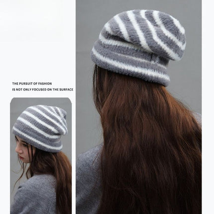 Vintage Stripe Fluffy Knit Beanie, Unisex Slouchy Warm Striped Winter Hat with Slim Face Design—Gray