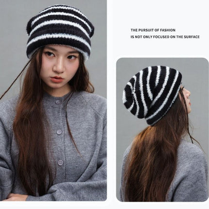 Vintage Stripe Fluffy Knit Beanie, Unisex Slouchy Warm Striped Winter Hat with Slim Face Design - Pink