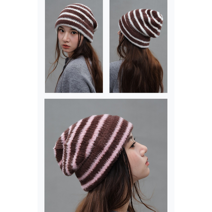 Vintage Stripe Fluffy Knit Beanie, Unisex Slouchy Warm Striped Winter Hat with Slim Face Design - Pink