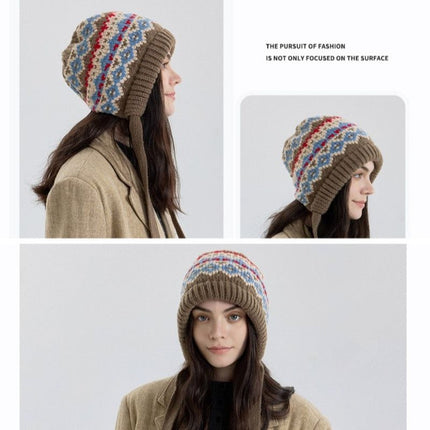 Vintage Ethnic Jacquard Knit Hat with Tie, Warm Winter Slouchy Beanie for Large Head Circumference, Unisex—Blue
