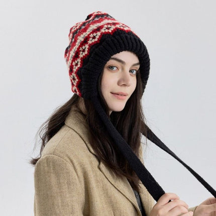 Vintage Ethnic Jacquard Knit Hat with Tie, Warm Winter Slouchy Beanie for Large Head Circumference, Unisex - Brown