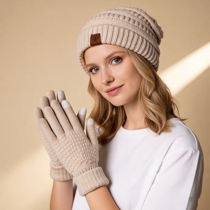 Vintage Cable-Knit Fleece-Lined Beanie & Touchscreen Gloves Set, Women’s Warm Winter Knit Hat 2-Piece Set—Gray