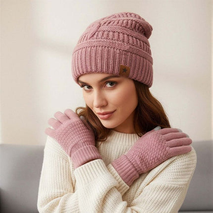 Vintage Cable-Knit Fleece-Lined Beanie & Touchscreen Gloves Set, Women’s Warm Winter Knit Hat 2-Piece Set—Pink