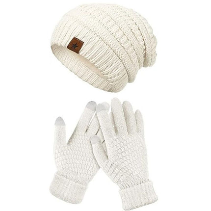 Vintage Cable-Knit Fleece-Lined Beanie & Touchscreen Gloves Set, Women's Warm Winter Knit Hat 2-Piece Set—White