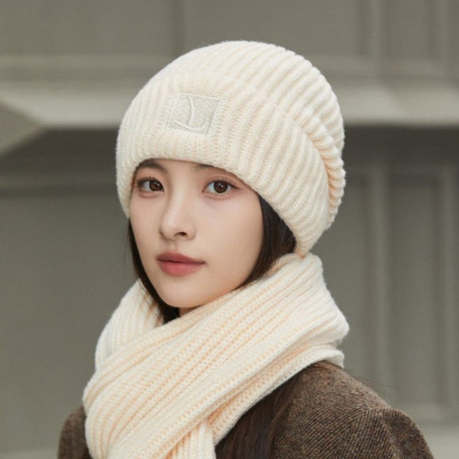 Women's Winter Knit Beanie & Scarf Set, Thick Vertical Stripe Warm Slouchy Hat with Ear Protection and Scarf—Beige