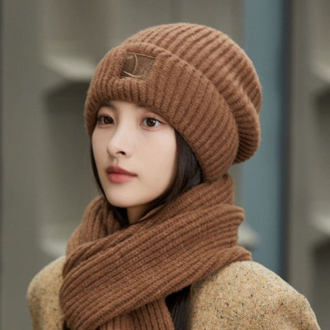 Women's Winter Knit Beanie & Scarf Set, Thick Vertical Stripe Warm Slouchy Hat with Ear Protection and Scarf—Brown