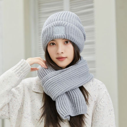 Women's Winter Knit Beanie & Scarf Set, Thick Vertical Stripe Warm Slouchy Hat with Ear Protection and Scarf—Gray