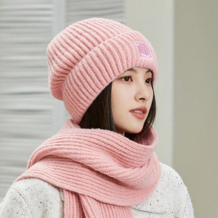 Women's Winter Knit Beanie & Scarf Set, Thick Vertical Stripe Warm Slouchy Hat with Ear Protection and Scarf—Pink