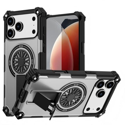 Armor Heavy Duty Magnetic Rotating Ring Kickstand Phone Case For iPhone 17 Pro Max, Anti-Drop Protective Cover In Silver