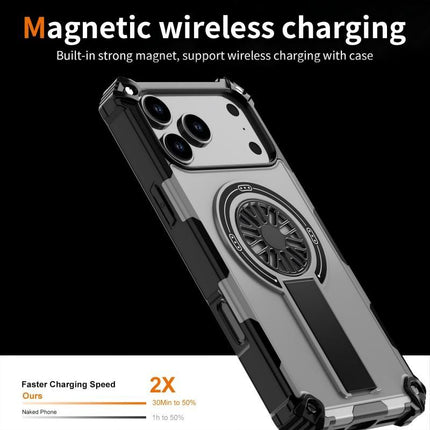 Armor Heavy Duty Magnetic Rotating Ring Kickstand Phone Case For iPhone 17 Plus, Anti-Drop Protective Cover In Silver