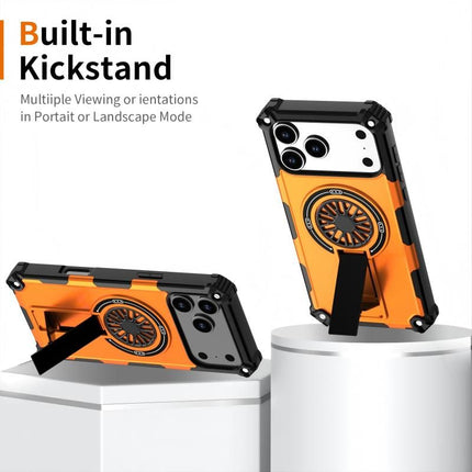 Armor Heavy Duty Magnetic Rotating Ring Kickstand Phone Case For iPhone 14 Pro Max, Anti-Drop Protective Cover In Orange