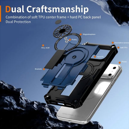 Armor Heavy Duty Magnetic Rotating Ring Kickstand Phone Case For iPhone 17 Pro, Anti-Drop Protective Cover In Blue