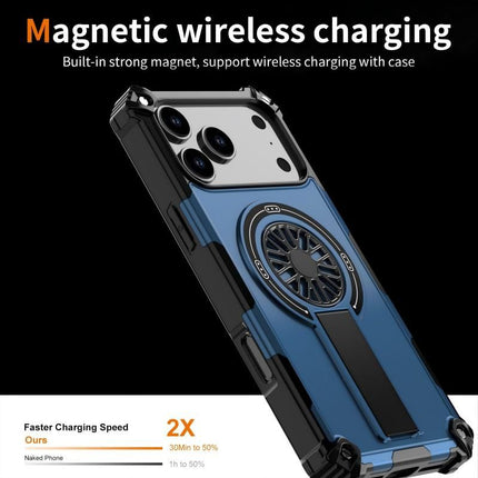 Armor Heavy Duty Magnetic Rotating Ring Kickstand Phone Case For iPhone 16 Pro Max, Anti-Drop Protective Cover In Blue