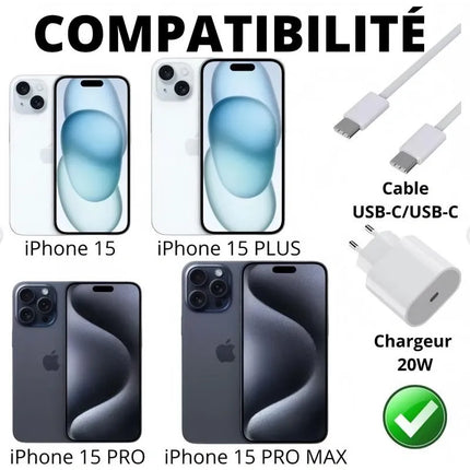 20W USB-C Fast Charger with 1m Cable - White, Compatible with iPhone 15/16/17