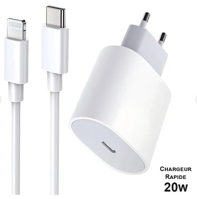 20W USB-C Fast Charger with 1m Lightning Cable - White, Compatible with iPhone 11/12/13/14/X