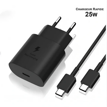 25W USB-C Fast Charger - Black, 1m Cable, Compatible with Samsung