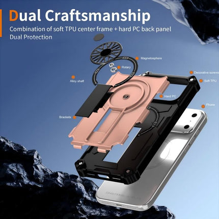 Armor Heavy Duty Magnetic Rotating Ring Kickstand Phone Case For iPhone 15 Pro, Anti-Drop Protective Cover In RoseGold