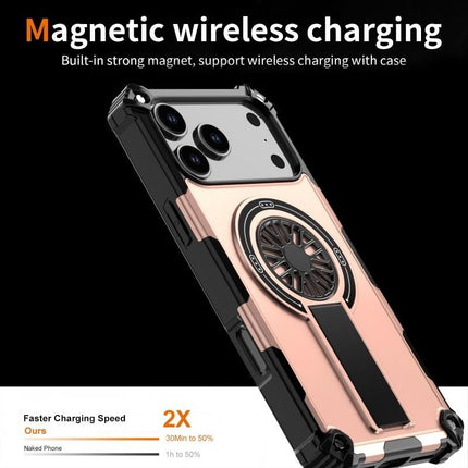 Armor Heavy Duty Magnetic Rotating Ring Kickstand Phone Case For iPhone 15 Plus, Anti-Drop Protective Cover In RoseGold
