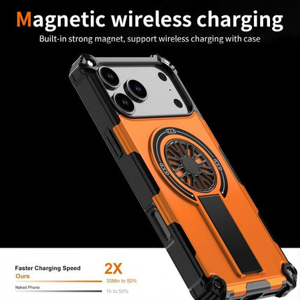 Armor Heavy Duty Magnetic Rotating Ring Kickstand Phone Case For iPhone 15 Pro, Anti-Drop Protective Cover In Orange