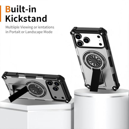Armor Heavy Duty Magnetic Rotating Ring Kickstand Phone Case For iPhone 15 Plus, Anti-Drop Protective Cover In Silver