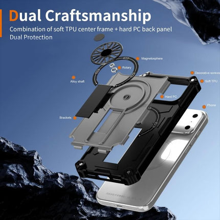 Armor Heavy Duty Magnetic Rotating Ring Kickstand Phone Case For iPhone 15 Pro, Anti-Drop Protective Cover In Silver