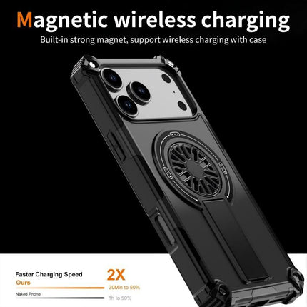 Armor Heavy Duty Magnetic Rotating Ring Kickstand Phone Case For iPhone 15 Plus, Anti-Drop Protective Cover In Black