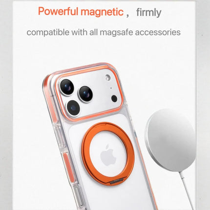 Clear MagSafe iPhone 17 Pro Max Case with 360° Rotating Ring Stand - Orange Edition