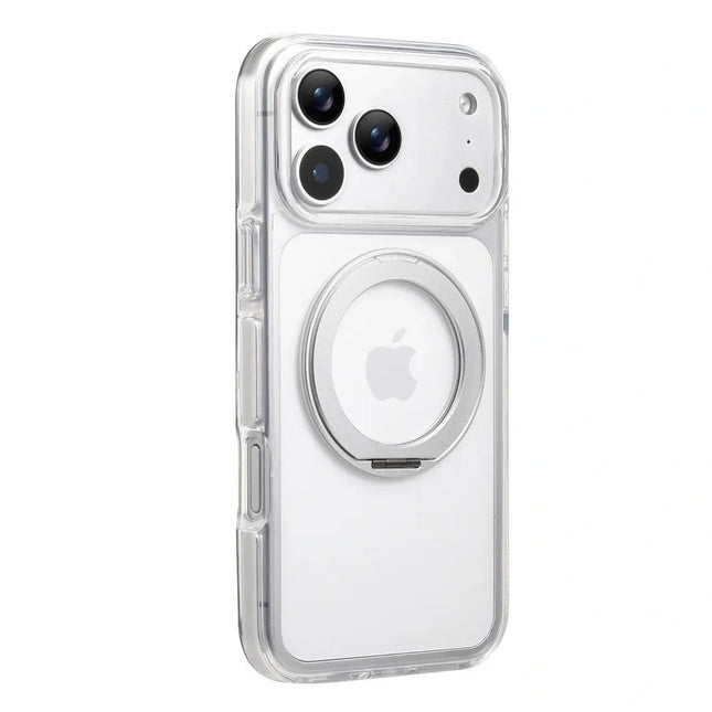 Clear MagSafe iPhone 17 Pro Max Case with 360° Rotating Ring Stand - Silver Edition