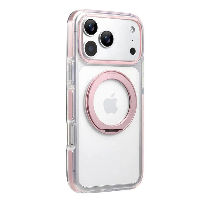 Clear MagSafe iPhone 17 Pro Max Case with 360° Rotating Ring Stand - Pink Edition
