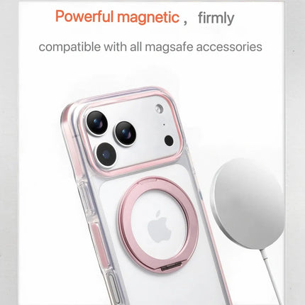 Clear MagSafe iPhone 17 Pro Max Case with 360° Rotating Ring Stand - Pink Edition