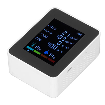 Multifunctional 6 in 1 CO2 Meter Air Quality Monitor Temperature PM2.5 TVOC HCHO Detector USB Charging White