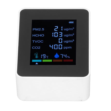 Multifunctional 6 in 1 CO2 Meter Air Quality Monitor Temperature PM2.5 TVOC HCHO Detector USB Charging White