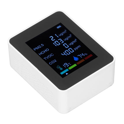 Multifunctional 6 in 1 CO2 Meter Air Quality Monitor Temperature PM2.5 TVOC HCHO Detector USB Charging White